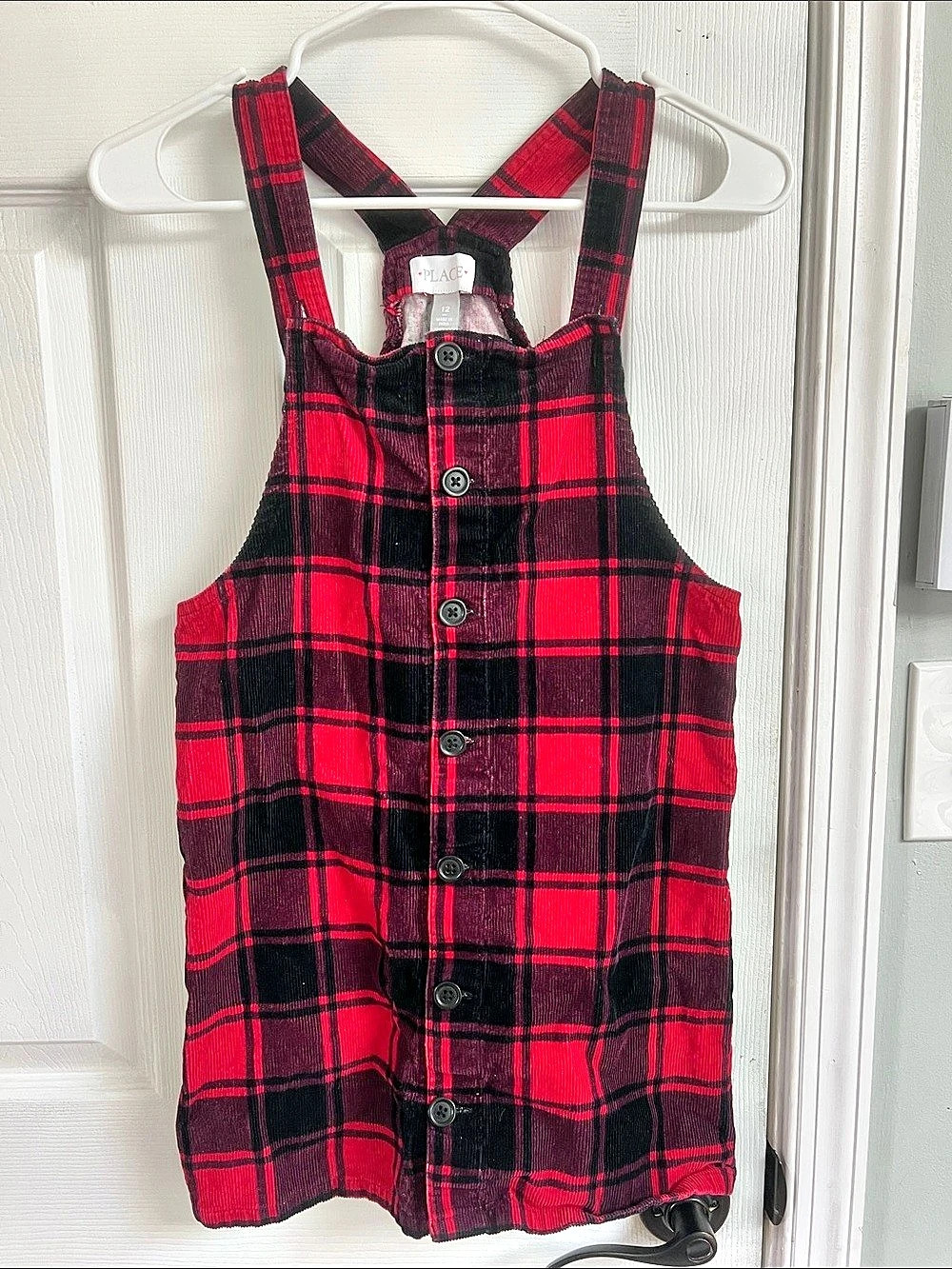 Children’s PLACE Plaid Overall Mini Dress jumper Red & Black Size 12 holiday pic
